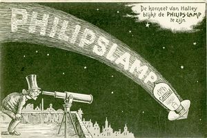 De komeet van Halley blijkt een Philips-lamp te zijn. Reclamebriefkaart voor metaaldraadlampen, ca. 1910